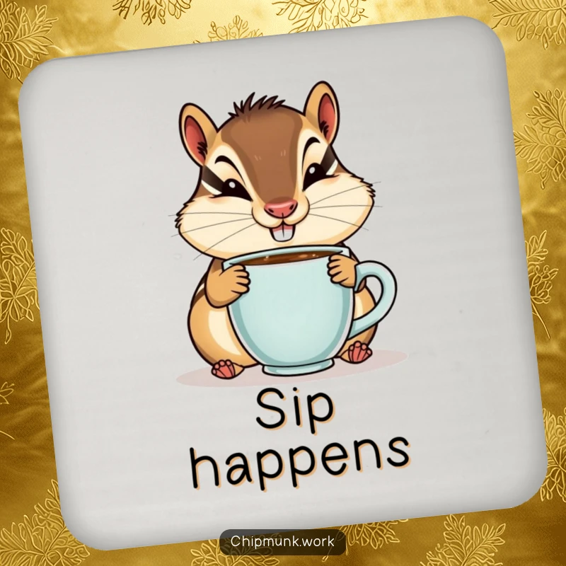 Funny drink coaster with a chipmunk with a goofy smile sipping from a tiny coffee cup, protecting surfaces with humor.