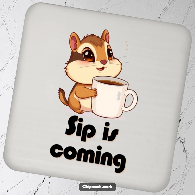 Funny chipmunk with wide eyes admiring a coffee mug, set of coasters, protecting surfaces with charm.
