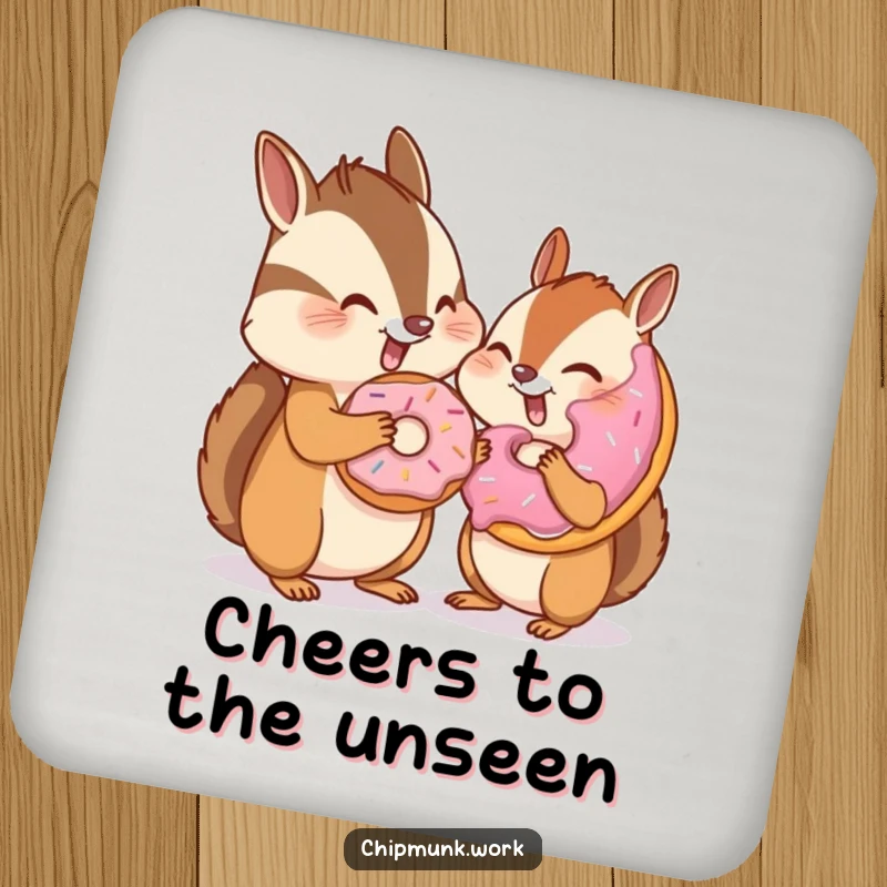 Funny chipmunk winking and sharing a donut with an invisible friend on a drink coaster, adding humor and surface protection, ideal for a quirky gift.