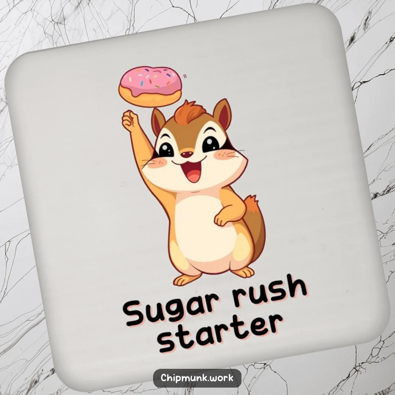 Funny chipmunk coaster featuring a triumphant squirrel holding a miniature donut.