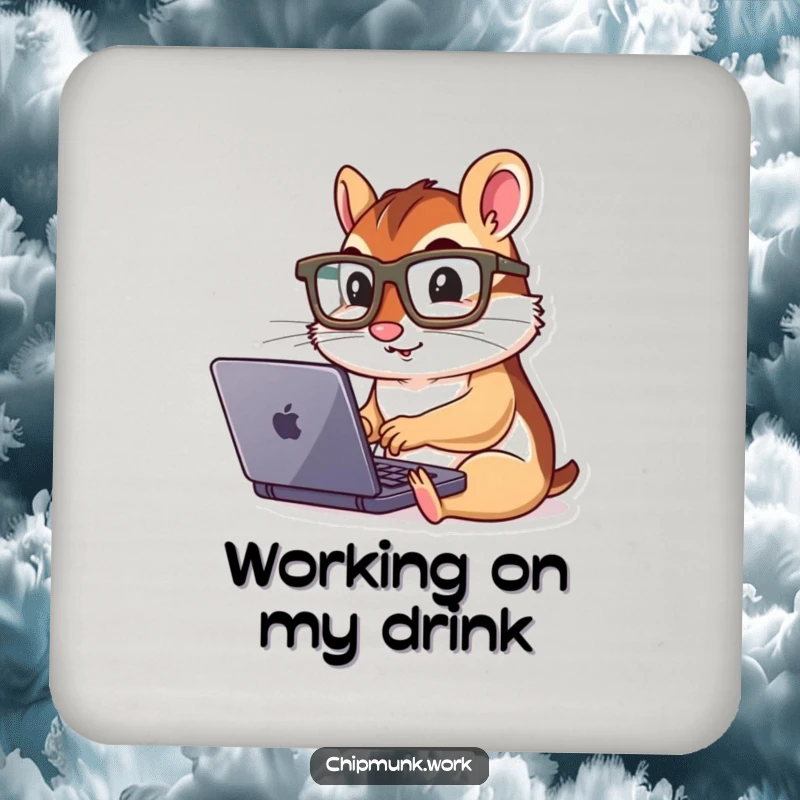 Funny chipmunk typing on a small laptop, featured on a protective drink coaster with a geeky design.