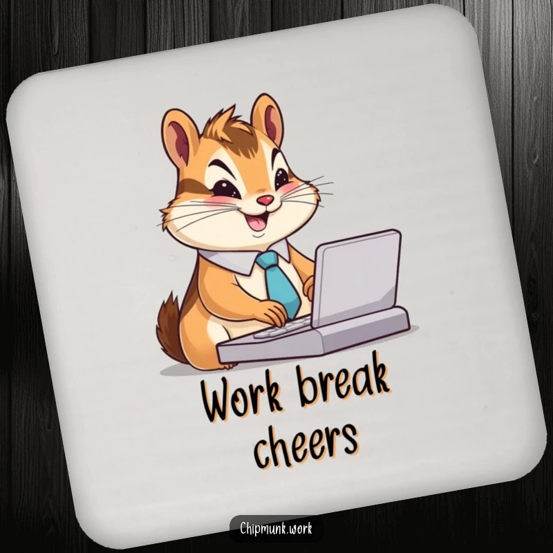 Funny Chipmunk Coaster: Chipmunk in a tiny tie, typing furiously with a smile, adding professional humor, a funny gift.