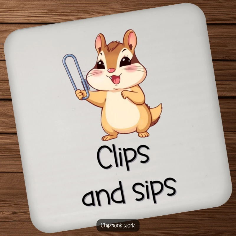 Funny chipmunk triumphantly holding a tiny, oversized paperclip, a set of humorous drink coasters for a funny gift.