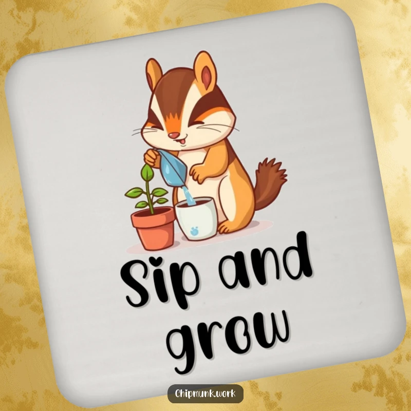 Funny chipmunk coasters, enthusiastically watering a tiny potted desk plant, protecting surfaces with humor and charm.