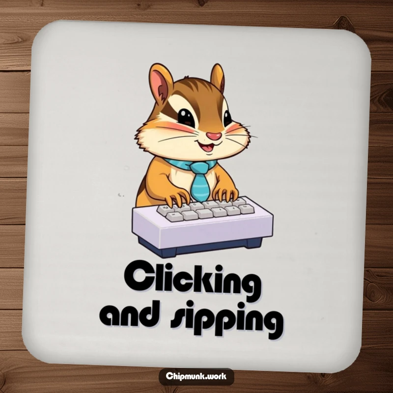 Funny chipmunk wearing a tie, typing on a miniature keyboard, on a drink coaster, adding a professional and humorous element.