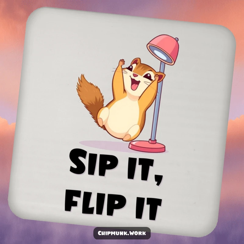 Funny chipmunk coaster, dangling upside down from a desk lamp, giggling uncontrollably, protecting surfaces.