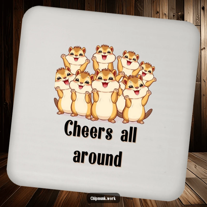 Funny drink coaster featuring a group of kawaii chipmunks cheering with tiny paws raised, protecting surfaces with adorable humor.