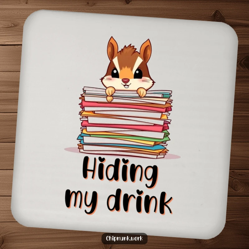 Funny Chipmunk Paper Mound Drink Coasters: Humorous coasters with a tiny chipmunk peeking from behind a large stack of colorful papers, protecting surfaces.