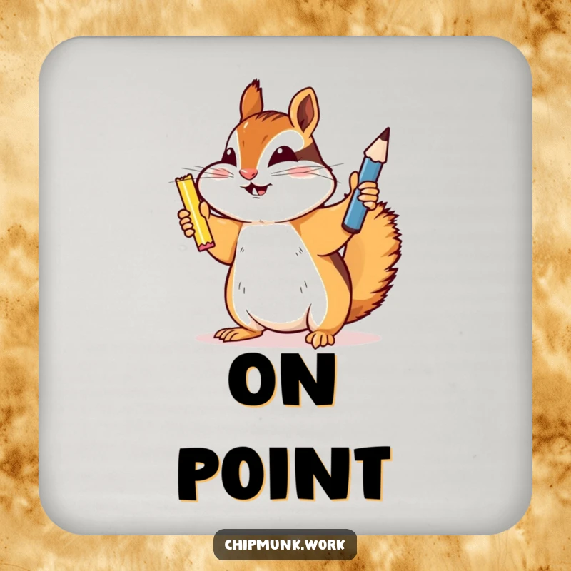 Funny chipmunk drink coaster, a triumphant chipmunk holding a newly sharpened pencil, symbolizing readiness and a sharp mind.