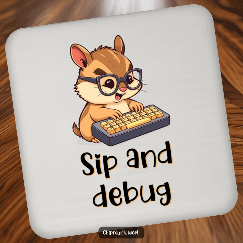 Funny drink coaster featuring a chibi chipmunk wearing glasses, furiously typing on a mini keyboard.