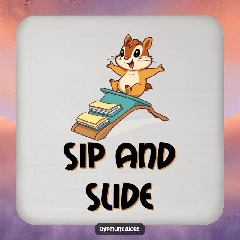 Funny chipmunk sliding down a ramp of file folders, designed for drink coasters to add humorous office flair.