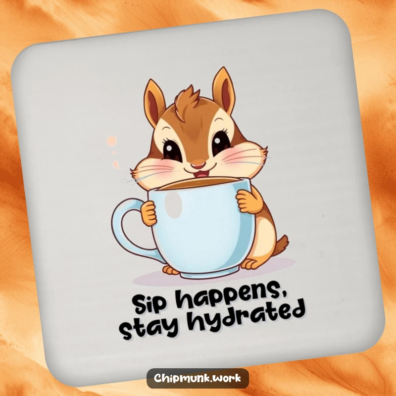 Funny chipmunk coaster, a cute critter wide-eyed holding a coffee mug, adds humor.
