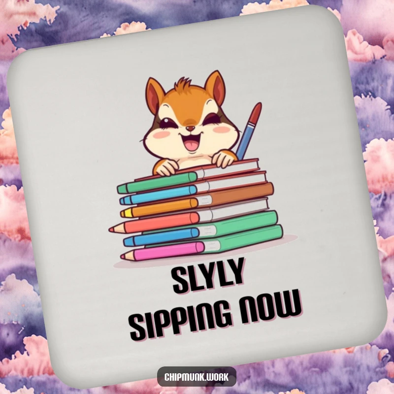 Funny chipmunk gleefully peeking from behind colorful office supplies, a set of humorous drink coasters for a funny gift.