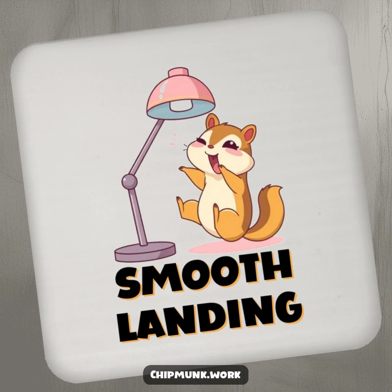 Funny chipmunk drink coaster, joyfully sliding down a desk lamp, a humorous and protective surface.