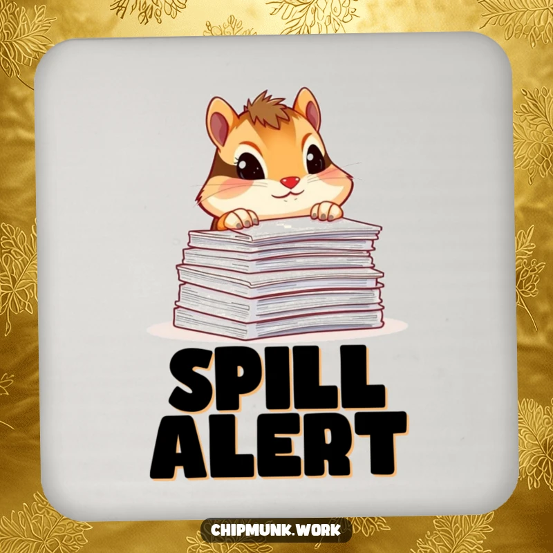 Funny chipmunk coasters, peeking over a stack of paperwork with a curious tilt, protecting desks with humor and charm.