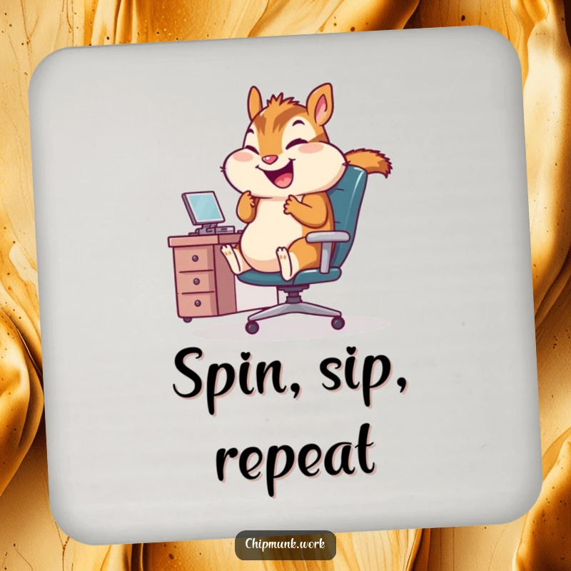 Funny Office Chipmunk Coaster: Protective coaster showcasing a chipmunk giggling while spinning in an office chair, perfect for desk humor.