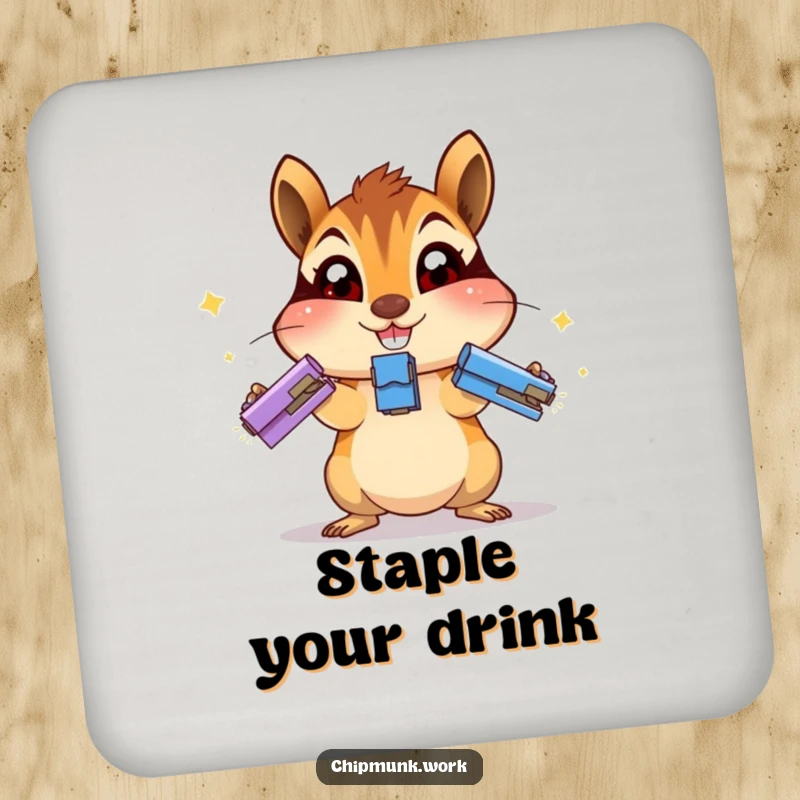Funny chipmunk coaster featuring an excited chipmunk juggling staplers, adding humorous protection to any surface.