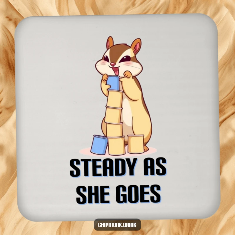 Funny chipmunk coaster showing a determined squirrel stacking a wobbly tower of miniature paper cups.