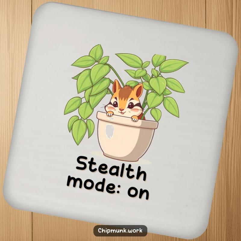 Funny chipmunk peeking from an office plant, featured on a protective drink coaster for tables.