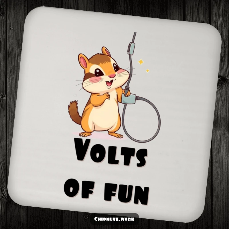 Funny drink coaster with a chipmunk playfully batting at a dangling electrical cord, protecting surfaces with humor.