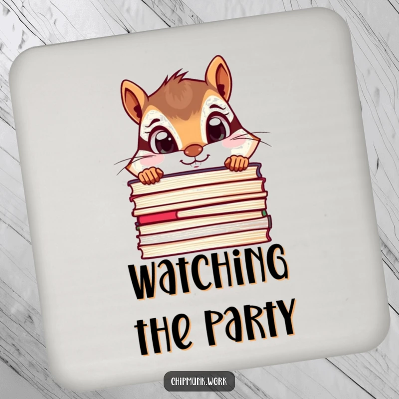 Funny chipmunk drink coaster with a curious chipmunk peeking over a stack of files with wide eyes, adds charm.