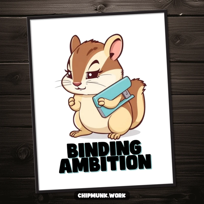Funny Poster: A chipmunk with a steely gaze, diligently operating a miniature stapler, embodying focus and determination.