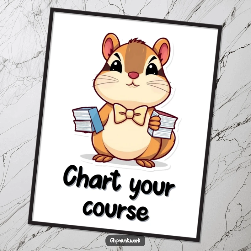 Funny poster featuring a determined chipmunk in a mini bowtie holding a stack of charts, symbolizing business acumen and humor.
