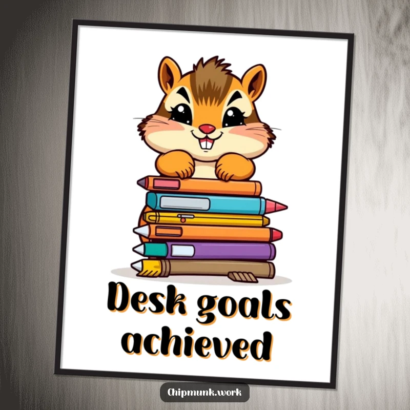 Funny chipmunk poster of a determined creature stacking colorful, wonky office supplies, adding humor to walls.