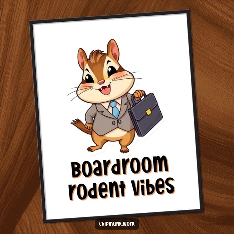 Funny Business Chipmunk Poster artwork of a chipmunk in a suit holding a briefcase, creating a humorous and motivational display for any office, a perfect funny gift.