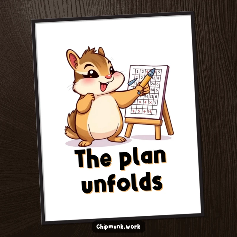 Funny poster showing an enthusiastic chipmunk character pointing a pen at a detailed chart. Humorous and motivational wall art.