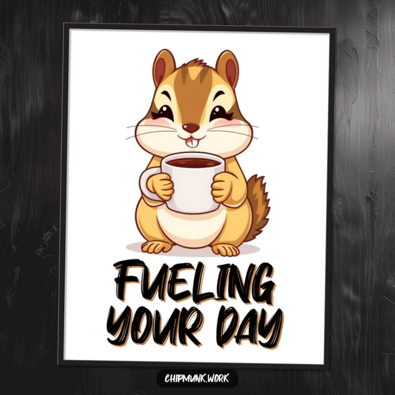 A cute chipmunk holds up a tiny coffee mug with both paws, presented as delightful wall art.