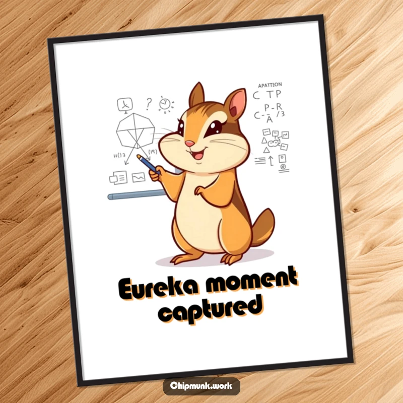 Funny chipmunk poster, enthusiastically pointing towards a complex diagram on a whiteboard, full of educational zeal.