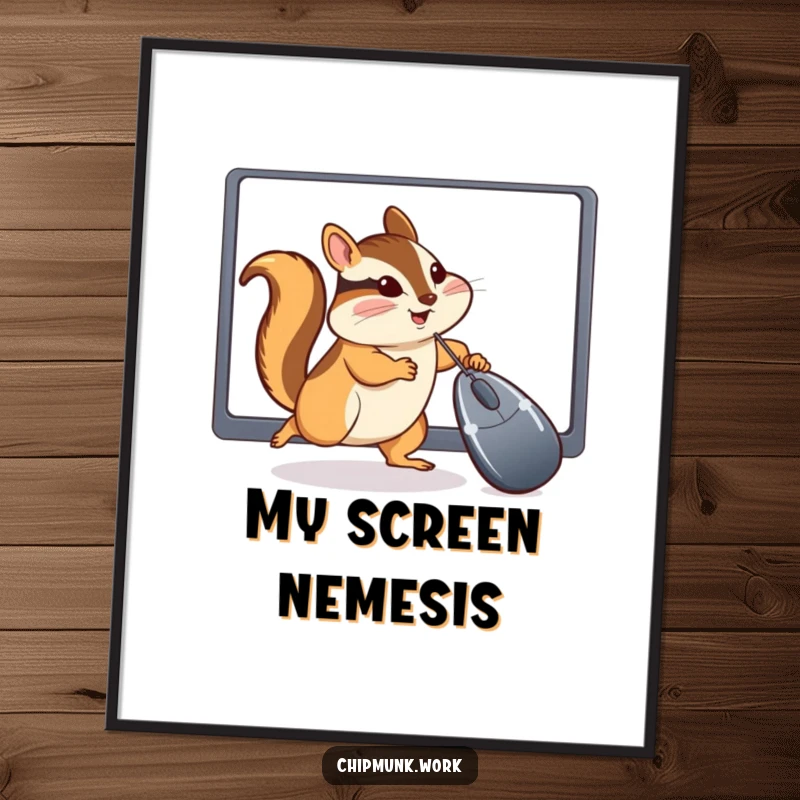 Funny Chipmunk Poster: Vibrant wall art of a chipmunk comically chasing a computer mouse cursor across a digital screen, a humorous tech statement.