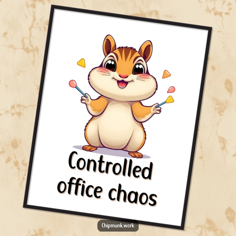 Funny Chipmunk Poster: Artistic depiction of a chipmunk juggling staplers with wide, excited eyes, embodying playful chaos, a funny gift.