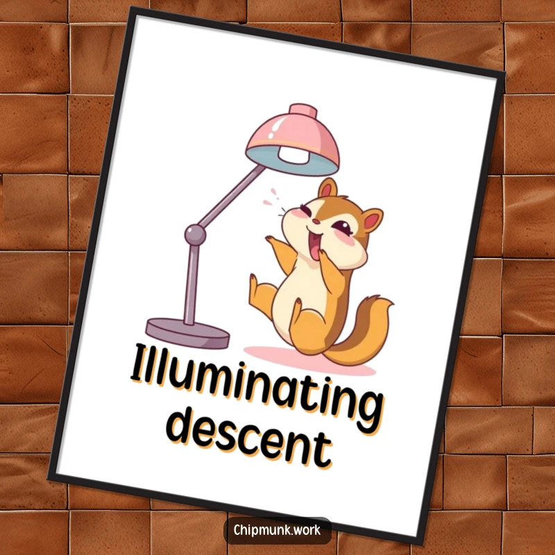 Funny chipmunk poster, joyfully sliding down a desk lamp, capturing a moment of hilarious, uninhibited fun.
