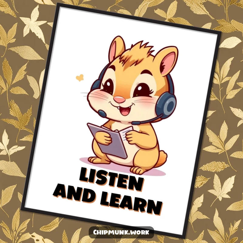 Funny chipmunk poster, character wearing a headset, diligently taking notes with visible excitement, creating inspiring wall decor.