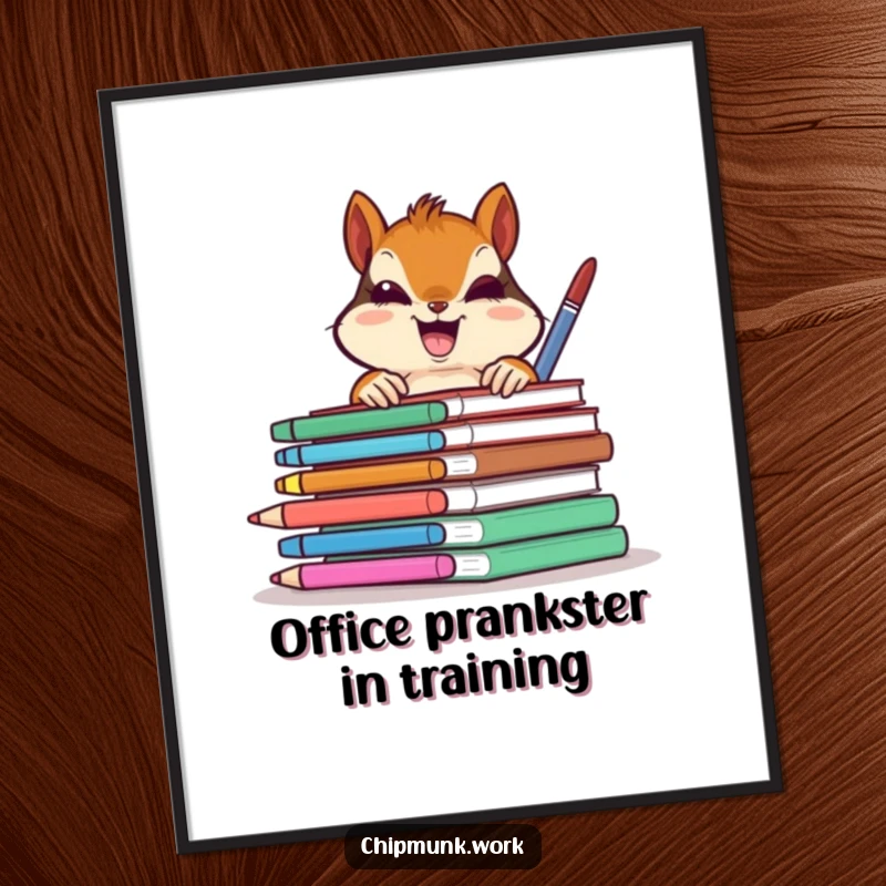 Funny chipmunk gleefully peeking from behind colorful office supplies, a humorous poster print for a funny gift.