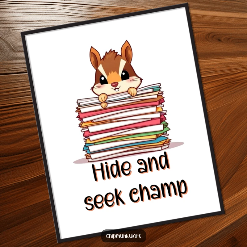 Funny Chipmunk Paper Mound Poster: Humorous wall art of a tiny chipmunk peeking from behind a large stack of colorful papers, looking curious.