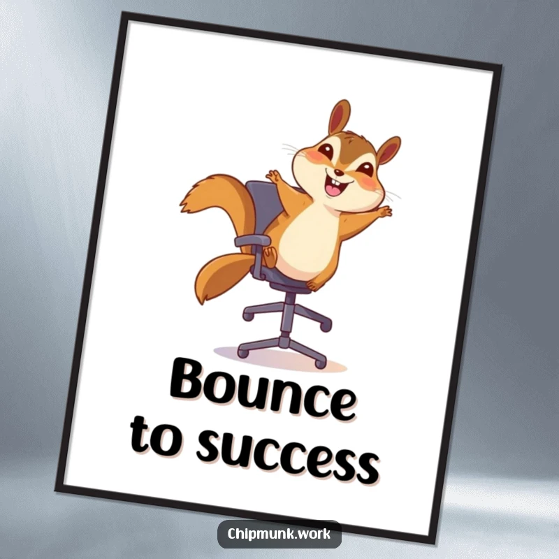 Funny chipmunk poster, a chipmunk joyfully bouncing on an office chair with a big smile, radiating energy and happiness.