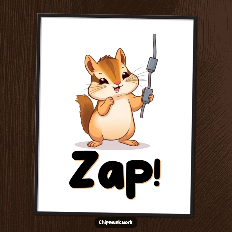 Funny chipmunk poster print of a chipmunk playfully batting at a dangling electrical cord, creating humorous wall decor.
