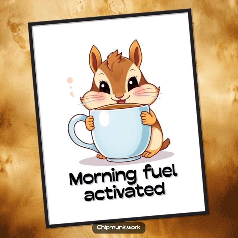 Funny chipmunk poster, a cute animal wide-eyed with a coffee mug, perfect humorous wall art.