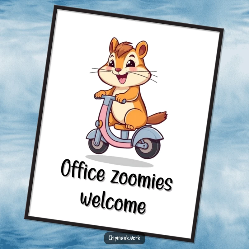 Funny chipmunk joyfully riding a desk chair like a scooter, presented as art, conveying pure energetic fun and whimsy, ideal for wall decor.