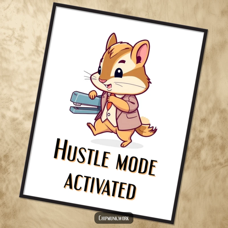 Funny chipmunk in a tiny suit zipping past a stapler, presented as a humorous and motivational piece of office wall art.