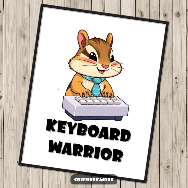 Funny illustration of a chipmunk in a tie, enthusiastically typing on a miniature keyboard, creating a humorous office art piece.