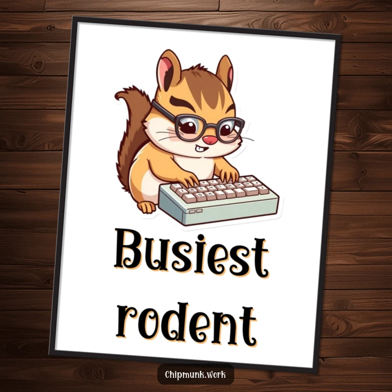 Funny Chipmunk Typist Poster: Humorous wall art of a tiny, bespectacled chipmunk eagerly typing on a miniature keyboard.