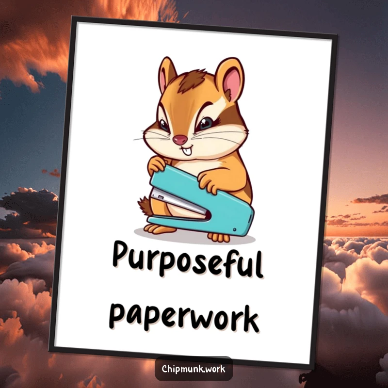 Funny chipmunk with a determined expression wielding a miniature stapler, humorous motivational wall art for offices.