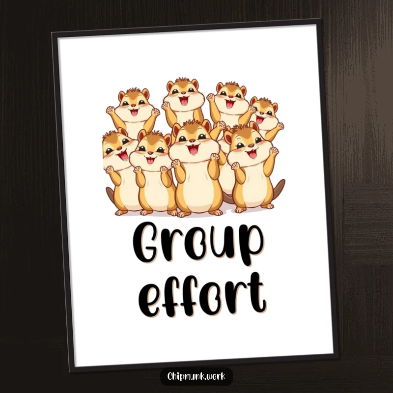 Funny poster showcasing a joyful gathering of kawaii chipmunks cheering with their tiny paws in the air, creating a happy scene.