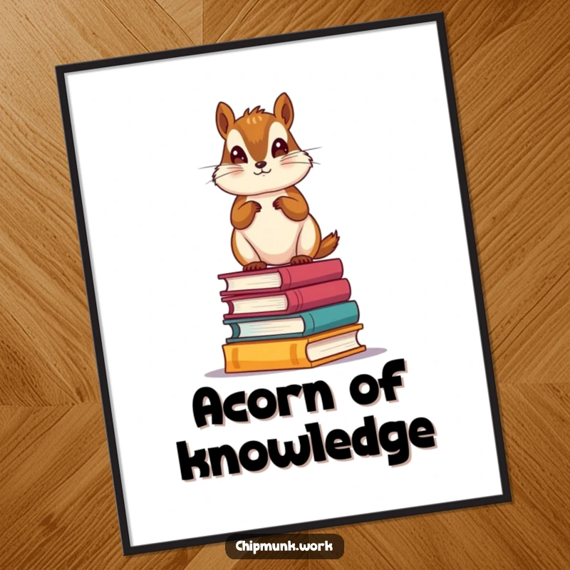 Funny Scholar Chipmunk Poster: Artistic print of a proud chipmunk standing on a stack of tiny books, celebrating knowledge and reading.