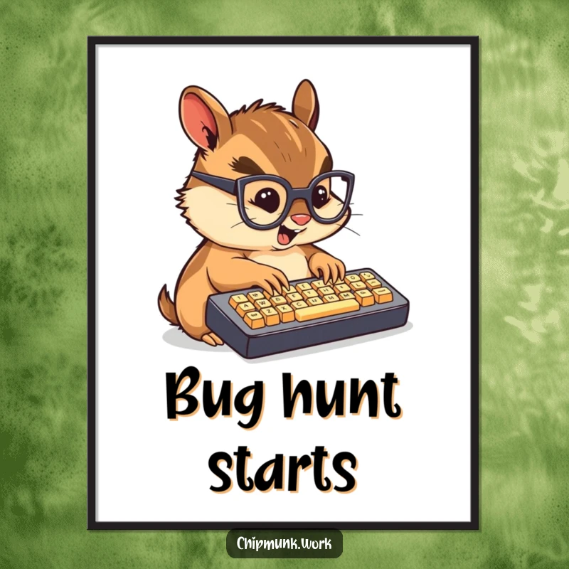Funny poster of a chibi chipmunk in glasses, furiously typing on a mini keyboard, capturing dedication.