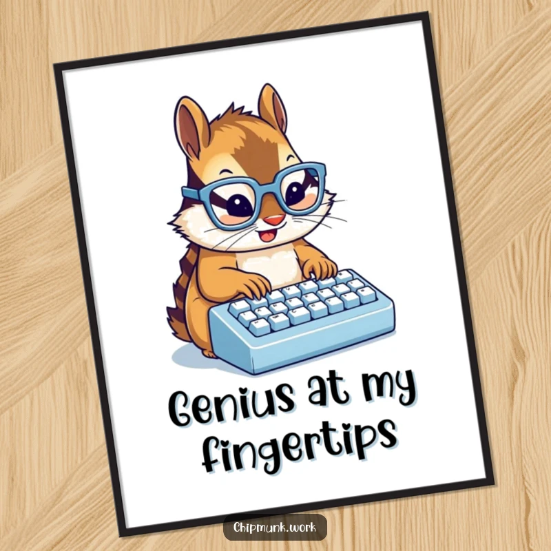 Funny chipmunk wearing tiny glasses typing on a miniature keyboard, a humorous poster print for a funny gift.